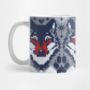 Fair isle knitting grey wolf // pattern // navy blue and grey wolves red moons and pine trees Mug